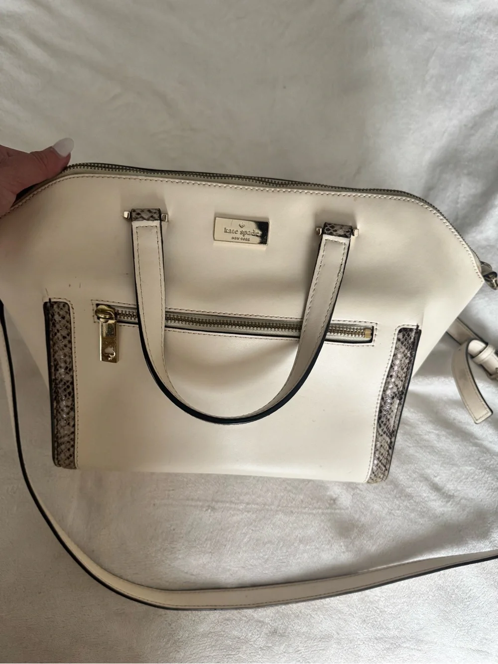 kate spade White Satchel with Snake-Trim Accents